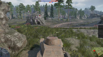 War Thunder valley tank aimbot with purple FOV circle, enemy name tags, tank models, and distance indicators through rocky terrain