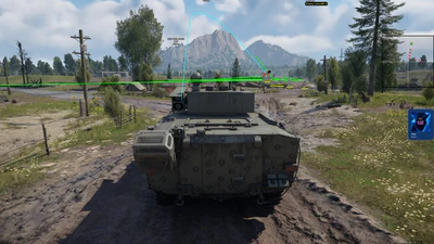 War Thunder ground battle ESP with red target boxes, green aim lines, blue shell trajectory arc, and long-range distance tags