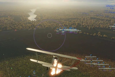 War Thunder aircraft ESP showing ground targets with Russian vehicle labels, distance markers, and purple aim circle over a forested map