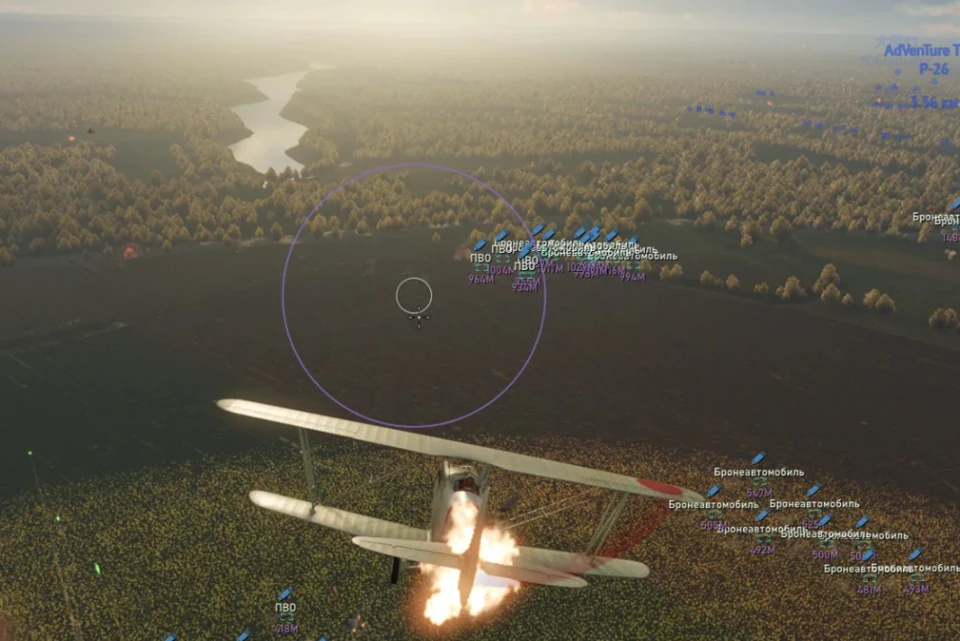 War Thunder aircraft ESP showing ground targets with Russian vehicle labels, distance markers, and purple aim circle over a forested map